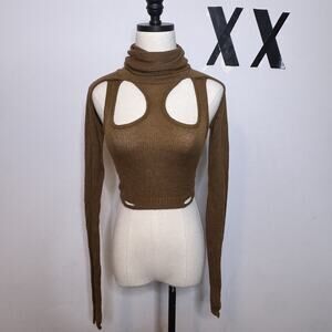 Y2K Dolls Kill Darker Wavs Brown Knit Cutout Cropped Turtleneck Sweater Goth M